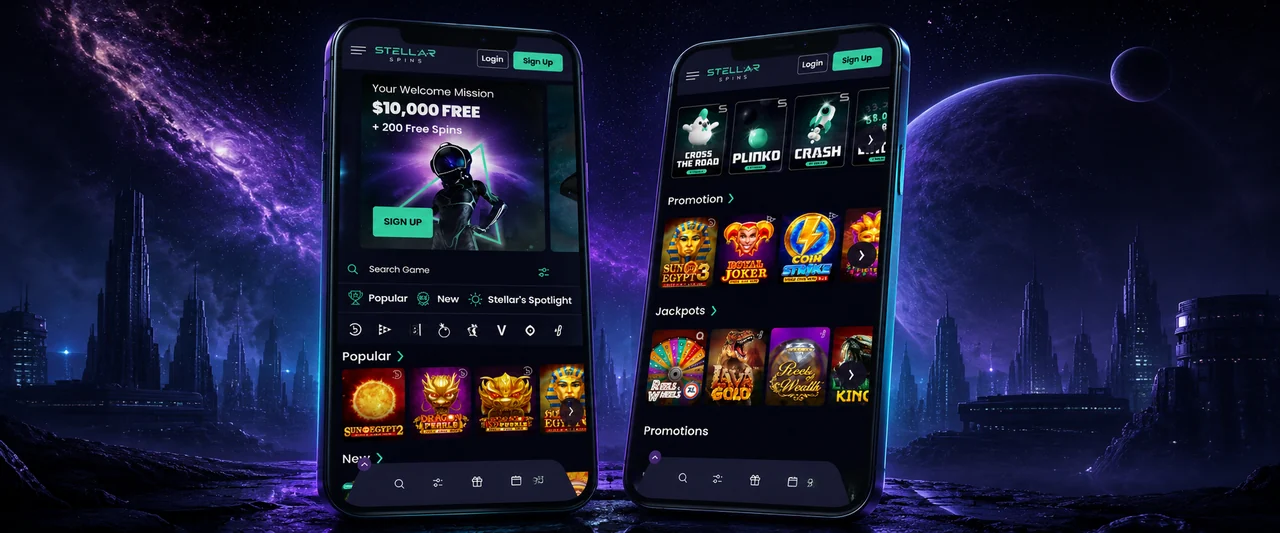 Stellar Spins casino app on two smartphones