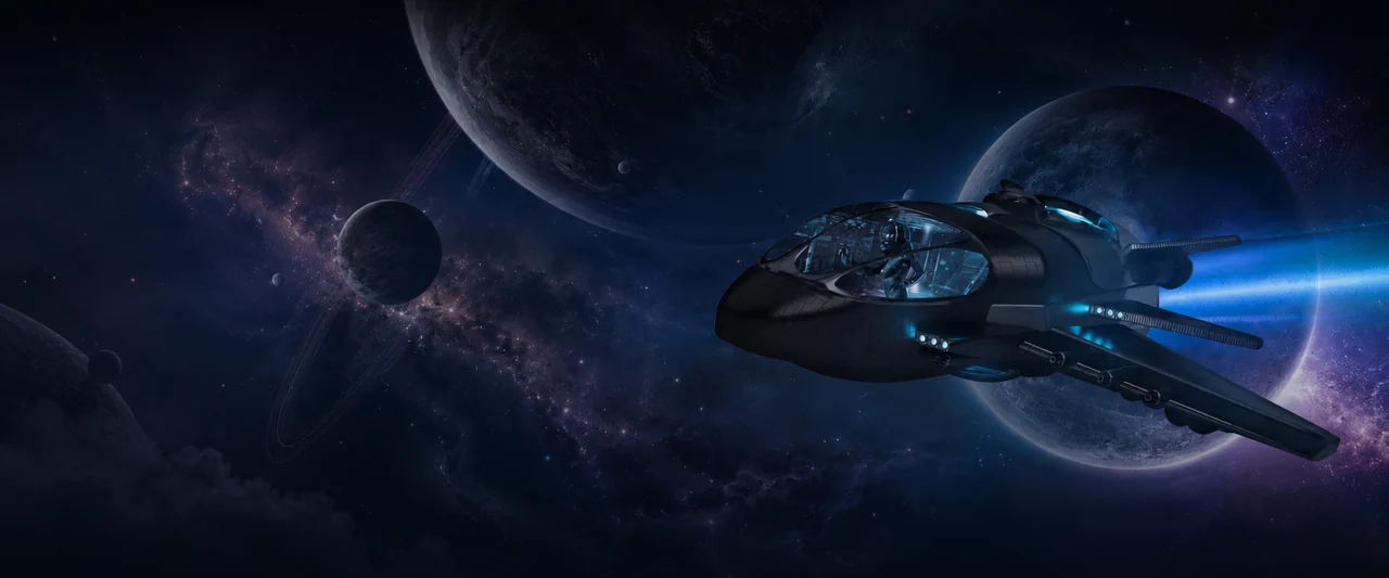 Stellar Spins cruiser flying past glowing planets