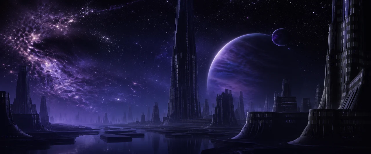 Neon alien city skyline under a Stellar Spins galaxy